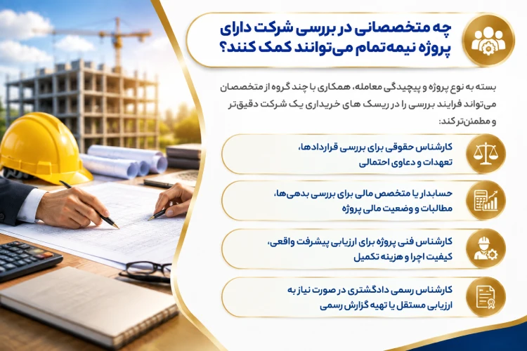 چه متخصصانی در بررسی شرکت دارای پروژه نیمهتمام ریسک های خریداری یک شرکت میتوانند کمک کنند؟